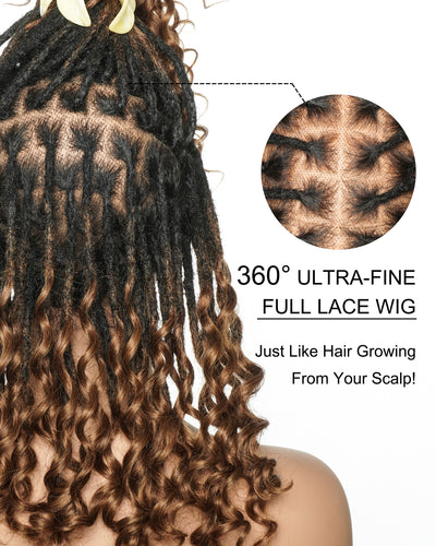 14" 100% Human Hair Boho Locs With Curly Ends Glueless Pre Bleached Swiss HD Full Lace Wig