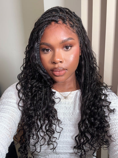 12"-36" Human Hair Deep Wave Curls Pre Bleached Knotless HD Full Lace Boho Box Braided Wig