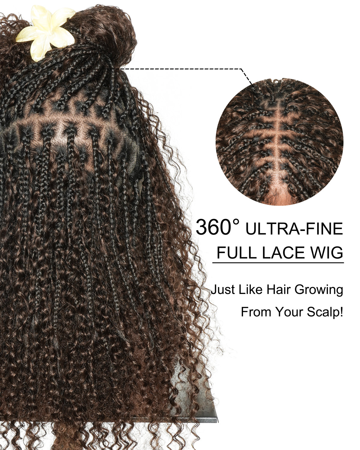 Bora Bora 24" Dark Brown Pre Bleached HD Full Lace Human Hair Curly Wave Boho Box Braided Wig