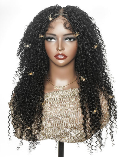 18" Pre Bleached HD Full Lace Human Hair Curly Wave Boho Box Braided Wig