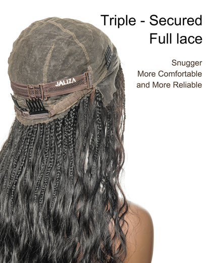 28" Loose Body Boho Curls Full-Dense 121 Strands Knotless Box Braided Wig With Pre Bleached Human Hair Lace Base