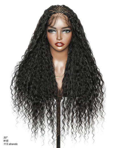 30" 2 Steps Pre Bleached Full lace Cornrow Human Hair Curls Boho Box Braided Wig