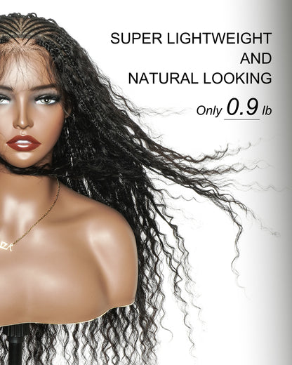 30" 2 Steps Pre Bleached Full lace Cornrow Human Hair Curls Boho Box Braided Wig