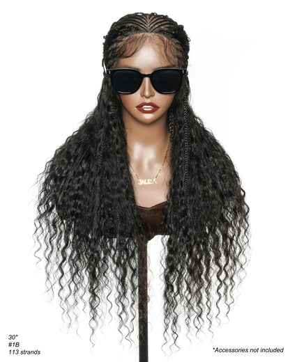 30" 2 Steps Pre Bleached Full lace Cornrow Human Hair Curls Boho Box Braided Wig