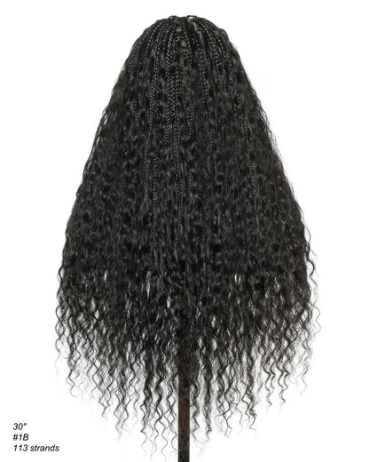 30" 2 Steps Pre Bleached Full lace Cornrow Human Hair Curls Boho Box Braided Wig