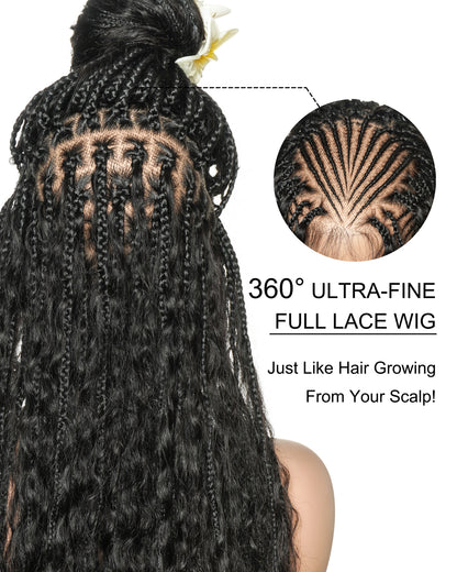 30" 2 Steps Pre Bleached Full lace Cornrow Human Hair Curls Boho Box Braided Wig