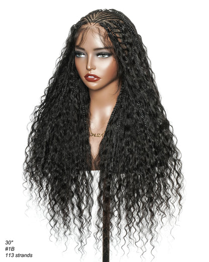 30" 2 Steps Pre Bleached Full lace Cornrow Human Hair Curls Boho Box Braided Wig