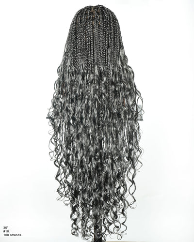 36" Salt & Pepper Blend Human Hair French Curls Knotless Box Braided Wig