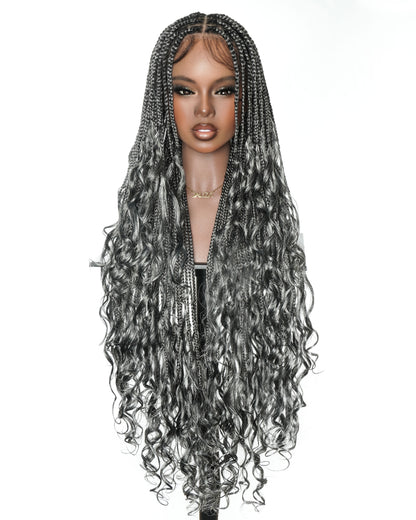 36" Salt & Pepper Blend Human Hair French Curls Knotless Box Braided Wig