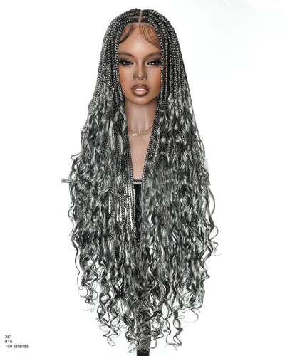 36" Salt & Pepper Blend Human Hair French Curls Knotless Box Braided Wig