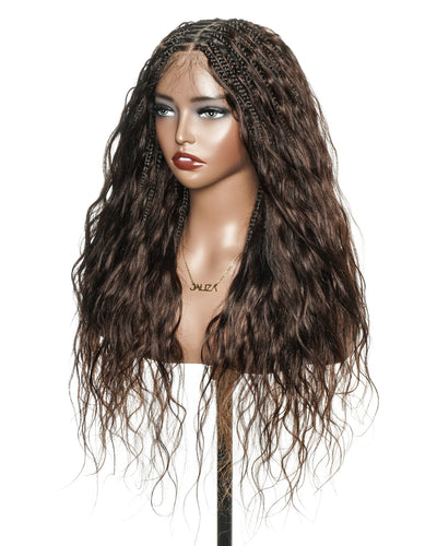 Michelle - Salon-Style Glueless Miracle Braided Wig Pre-Bleached Swiss HD Full Lace Boho Box Braids Bora Bora Human Hair Body Wave Curls
