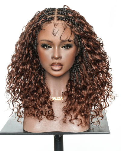 Kiki - 16" Color #33 Dark Auburn Brown Glueless Human Hair Curls Boho Box Braided Wig