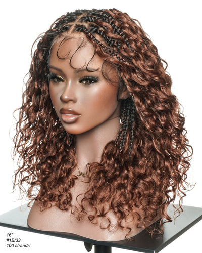 Kiki - 16" Color #33 Dark Auburn Brown Glueless Human Hair Curls Boho Box Braided Wig
