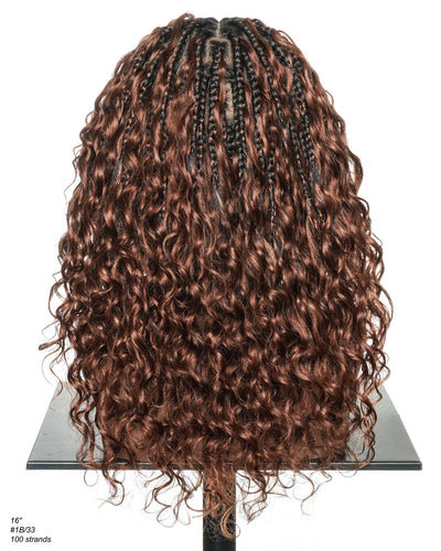 Kiki - 16" Color #33 Dark Auburn Brown Glueless Human Hair Curls Boho Box Braided Wig