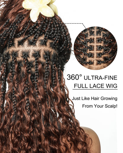 Kiki - 16" Color #33 Dark Auburn Brown Human Hair Curls Boho Box Braided Wig