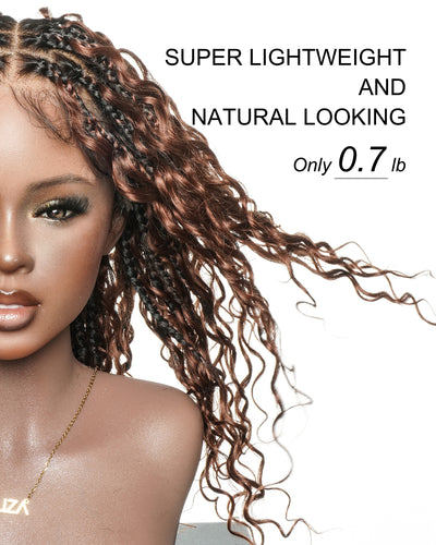 Kiki - 16" Color #33 Dark Auburn Brown Glueless Human Hair Curls Boho Box Braided Wig