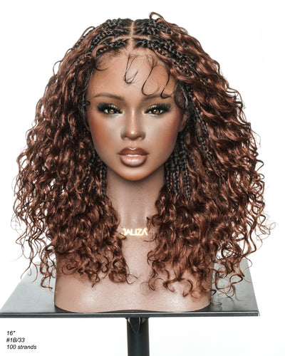Kiki - 16" Color #33 Dark Auburn Brown Glueless Human Hair Curls Boho Box Braided Wig