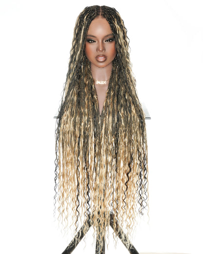36" Boho Braided Full Lace Wig - HD Swiss Lace & Human Hair Curls - 1B/27 Blend