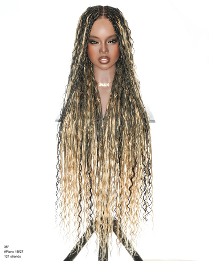36" Boho Braided Full Lace Wig - HD Swiss Lace & Human Hair Curls - 1B/27 Blend