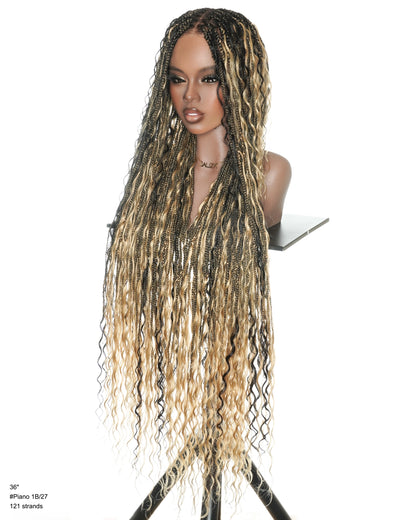 36" Boho Braided Full Lace Wig - HD Swiss Lace & Human Hair Curls - 1B/27 Blend