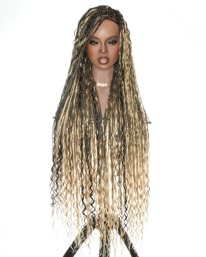 36" Boho Braided Full Lace Wig - HD Swiss Lace & Human Hair Curls - 1B/27 Blend