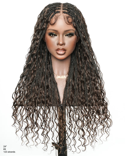 Kiki -  24" Pre Bleached Human Hair Lace Base Swiss HD Full Lace Human Hair Curls Boho Box Braided Wig"