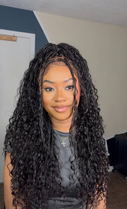 Essential Choice: 16-36" Human Hair Boho Curls Hand Tied HD Full Lace Knotless Braided Wig