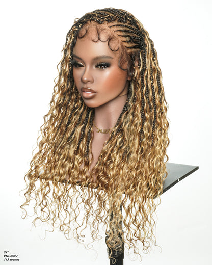 Avery Fulani Human Hair Glueless Swiss HD Lace Cornrow Frontal Boho Box Braided Wig Deep Wave 24 Inches