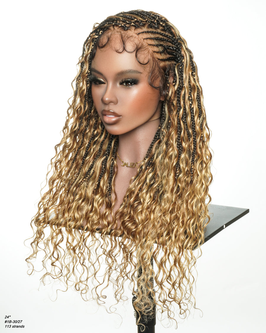 Avery Fulani Human Hair Glueless Swiss HD Lace Cornrow Frontal Boho Box Braided Wig Deep Wave 24 Inches