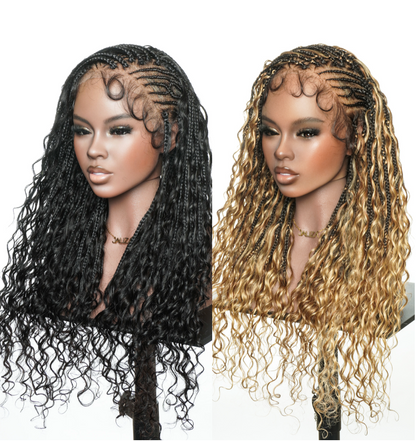 Avery Fulani Human Hair Glueless Swiss HD Lace Cornrow Frontal Boho Box Braided Wig Deep Wave 24 Inches