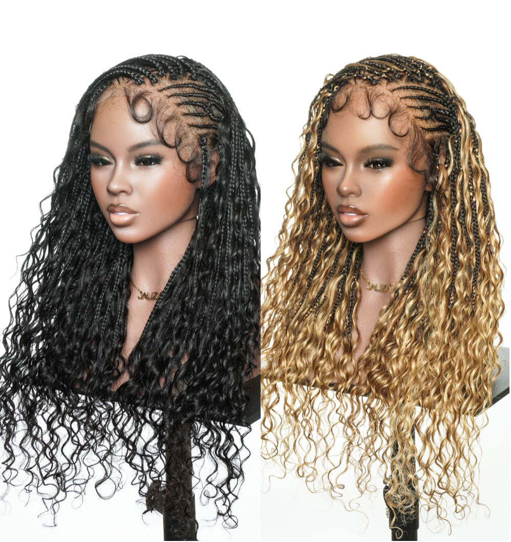 Avery Fulani Human Hair Glueless Swiss HD Lace Cornrow Frontal Boho Box Braided Wig Deep Wave 24 Inches