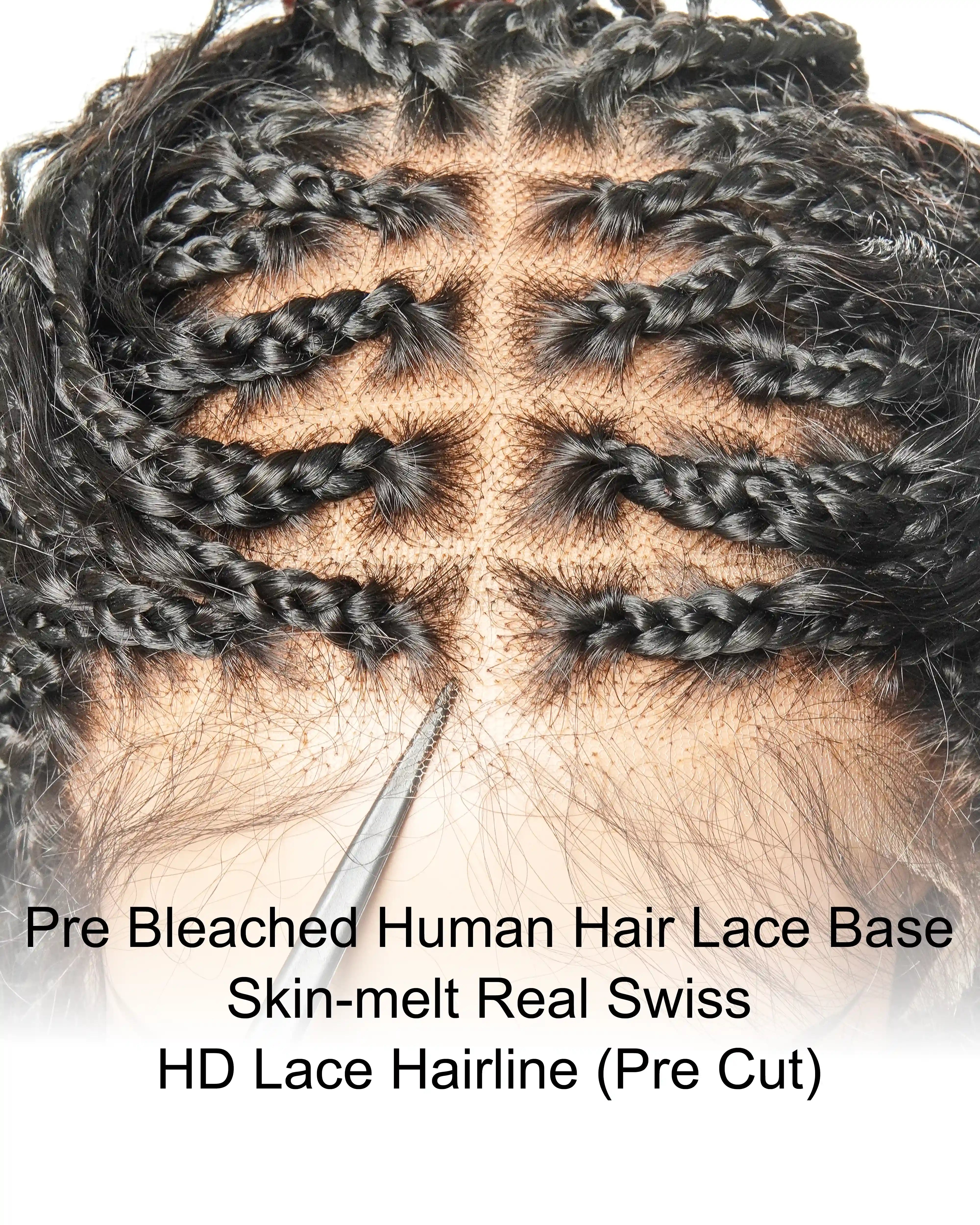 28" Loose Body Boho Curls Full-Dense 121 Strands Knotless Box Braided Wig With Pre Bleached Human Hair Lace Base
