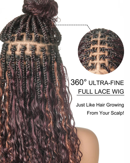 Dark Burgundy 99J Pre Bleached HD Full Lace Human Hair Boho Curls Boho Box Braided Wig 100 Strands