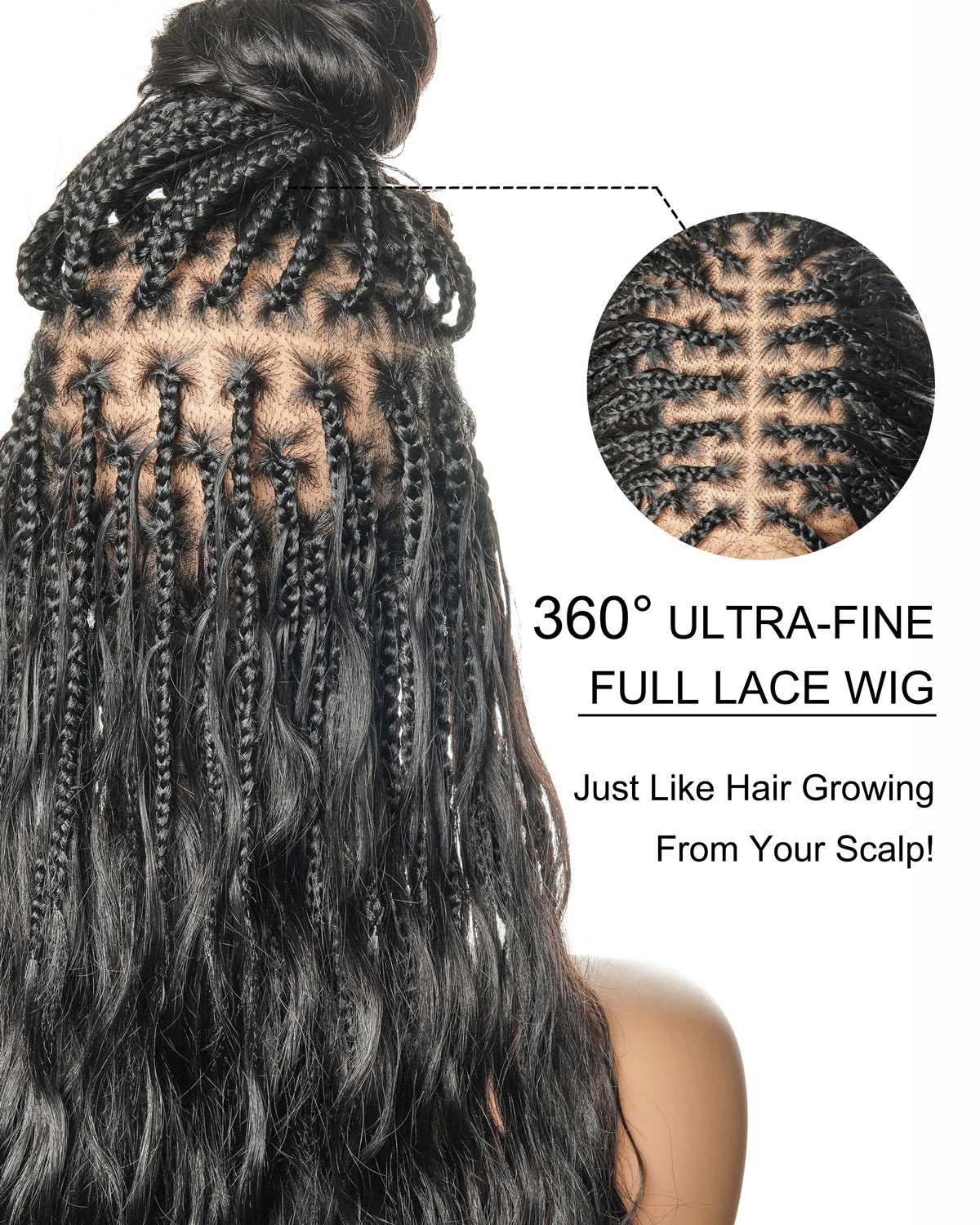 28" Loose Body Boho Curls Full-Dense 121 Strands Knotless Box Braided Wig With Pre Bleached Human Hair Lace Base
