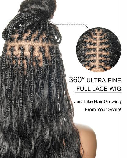 28" Loose Body Boho Curls Full-Dense 121 Strands Knotless Box Braided Wig With Pre Bleached Human Hair Lace Base