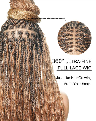 Super High Density 36" Blend Color #30/27 Pre Bleached HD Lace 121 Strands Knotless Boho Box Braided Wig