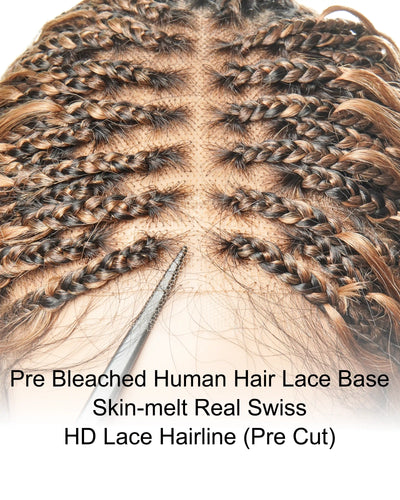 Super High Density 36" Blend Color #30/27 Pre Bleached HD Lace 121 Strands Knotless Boho Box Braided Wig