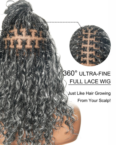 Kiki - Salt & Pepper 16" Swiss HD Full Lace Lightweight Boho Braided Wig (Human Hair & Synthetic Blend Curls)