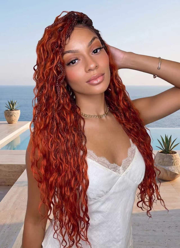 Ginger Color Human Hair Boho Curls Wavy Box With Swiss HD Pre Bleached Full Lace Base 100 Strands Boho Box Braided Wig