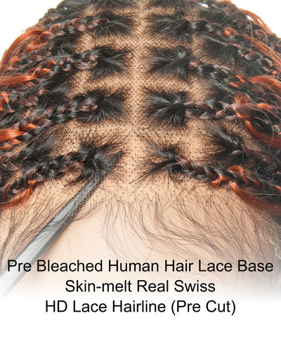 Ginger Color Human Hair Boho Curls Wavy Box With Swiss HD Pre Bleached Full Lace Base 100 Strands Boho Box Braided Wig