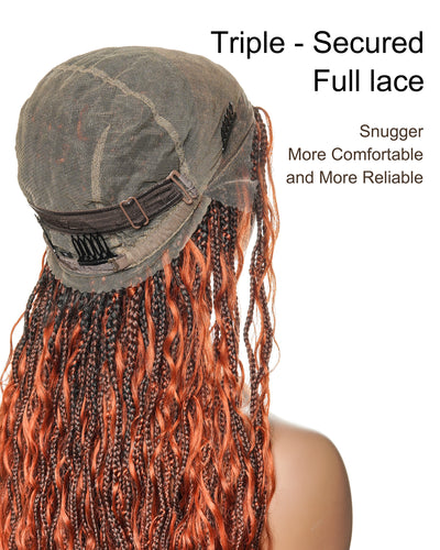 Ginger Color Human Hair Boho Curls Wavy Box With Swiss HD Pre Bleached Full Lace Base 100 Strands Boho Box Braided Wig
