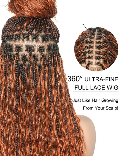 Ginger Color Human Hair Boho Curls Wavy Box With HD Pre Bleached Full Lace Base 100 Strands Boho Box Braided Wig