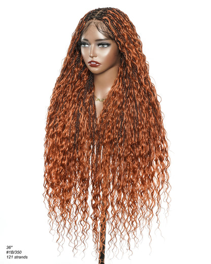 Ginger Color Human Hair Boho Curls Wavy Box With HD Pre Bleached Full Lace Base 100 Strands Boho Box Braided Wig