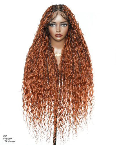 Ginger Color Human Hair Boho Curls Wavy Box With Swiss HD Pre Bleached Full Lace Base 100 Strands Boho Box Braided Wig
