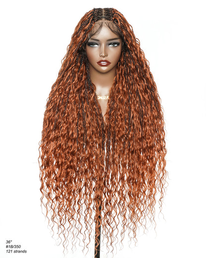 Ginger Color Human Hair Boho Curls Wavy Box With HD Pre Bleached Full Lace Base 100 Strands Boho Box Braided Wig