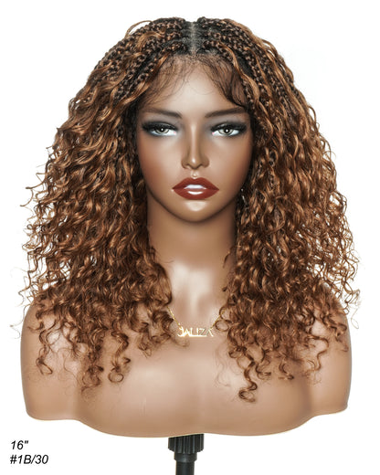 Glueless 16" Pre Cut HD Full Elastic Lace Lightweight Ready-To-Go Boho Box Braided Wig with Human Hair Boho Curls