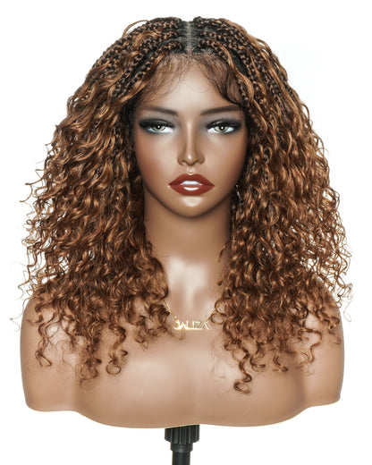 Glueless 16" Pre Cut HD Full Elastic Lace Lightweight Ready-To-Go Boho Box Braided Wig with Human Hair Boho Curls