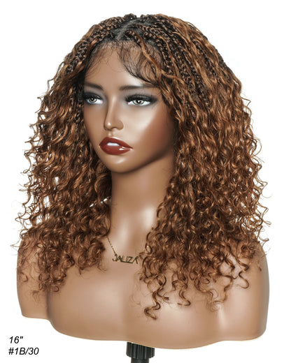 Glueless 16" Pre Cut HD Full Elastic Lace Lightweight Ready-To-Go Boho Box Braided Wig with Human Hair Boho Curls