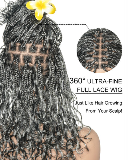 Glueless 16" Pre Cut HD Full Elastic Lace Lightweight Ready-To-Go Boho Box Braided Wig with Human Hair Boho Curls