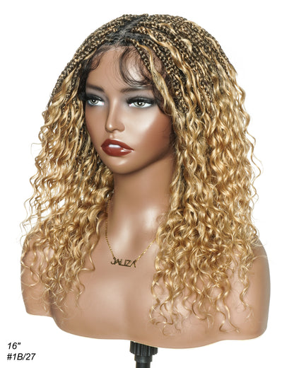 Glueless 16" Pre Cut HD Full Elastic Lace Lightweight Ready-To-Go Boho Box Braided Wig with Human Hair Boho Curls